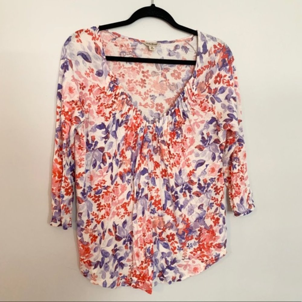 Lucky Brand 3/4 Sleeve Pleated Neck Blouse